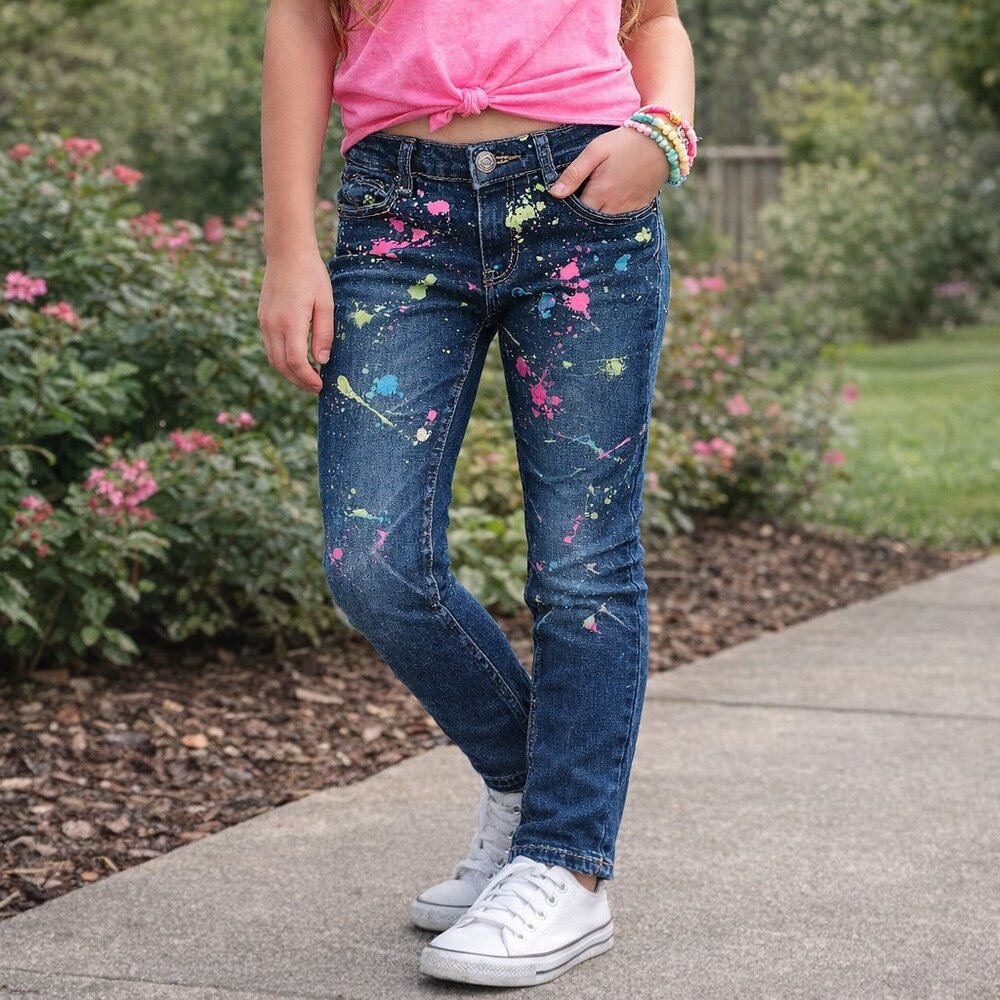 Justice Girls Jeans Size 12 1/2 Paint Splatter Denim Skinny Stretch Blue Trendy